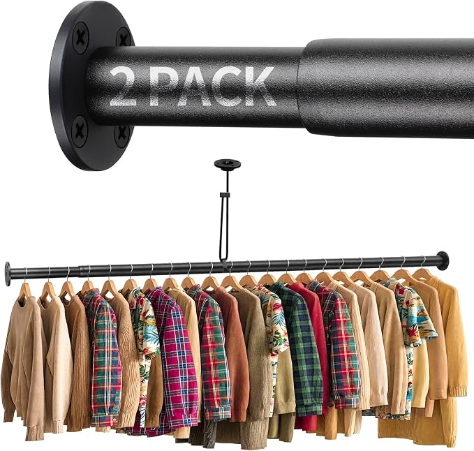 BaiNong Closet Rods for Hanging Clothes Adjustable 17"-134" Black 2 Pack | Heavy Duty Closet Rod for Closet Wardrobes,Walk-in Closet, Laundry RV With an Anti-Bending System