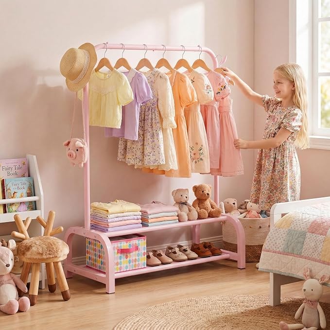 Kids Clothes Rack for Ages 3-6, Montessori Kids Clothing Rack, Pink | Kids Dress Up Rack with 2 Fabric Storage Shelves & Side Hooks, Toddler Wardrobe Rack for Costumes, Princess Dresses and Shoes