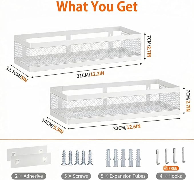 PUSDON Hanging Storage Baskets Organizer Wall Mount, Metal Wire Storage Bin Rack for Kitchen Bathroom Shower Spice Shelf Home Decor Essentials White-2 Packs (Netting)