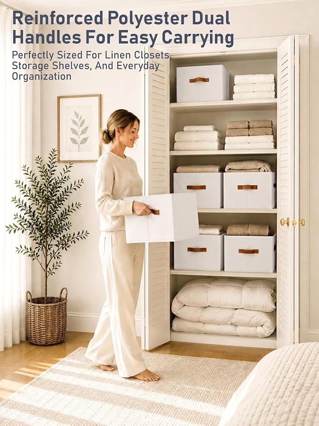 4 Pack Large Closet Storage Baskets Bins for Shelves, Collapsible Fabric Closet Organizers and Storage with Polyester Handles, Decorative Baskets for Organizing Clothes, Towels, Linen Closet 14"x10"