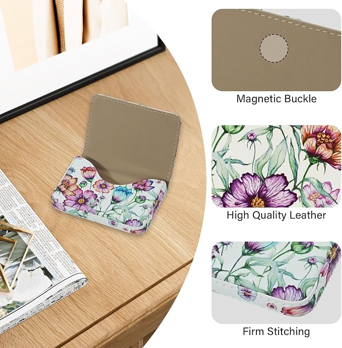 Business Card Holder，PU Leather Business Card Case Color Printing Pattern Card Holder Wallet，Pockets Magnetic Credit Card Holders for Men and Women - Colorful Daisy