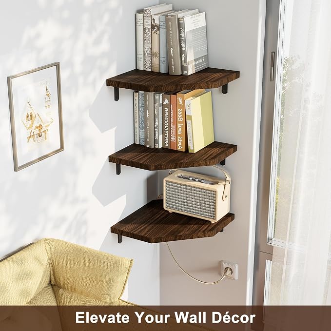 Alsonerbay Pine Wood Corner Shelves with Cord Hole 3-Pack, Carbonized Black | Diamond-shaped, cable management, 40 lbs/shelf, 0.79" thick pine, L-shaped metal brackets, for router & media devices