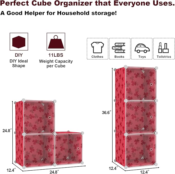 C&AHOME Cube Storage Organizer with Doors, 3-Cube Shelves, DIY Plastic Modular Bookshelf, Closet Clothes Storage Shelving Ideal for Bedroom, Living Room, Clover Embossed, Red