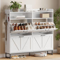 Shoe Cabinet with 4 Flip Drawers, Freestanding Hidden Shoe Storage Organizer for Entryway, Narrow Slim Shoe Rack Cabinet with Open Storage & Hooks for Front Door Entrance, Living Room, Hallway, White