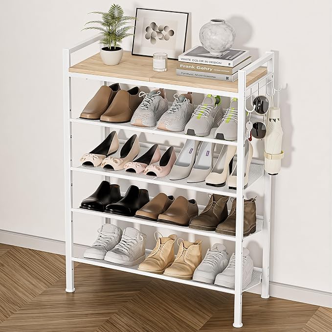 5 Tier Shoe Rack, Shoe Rack for Entryway with Hook, Shoe Organizer with Adjustable Mesh Shelves, Metal Shoe Storage, Closet, Bedroom Living Room Garage