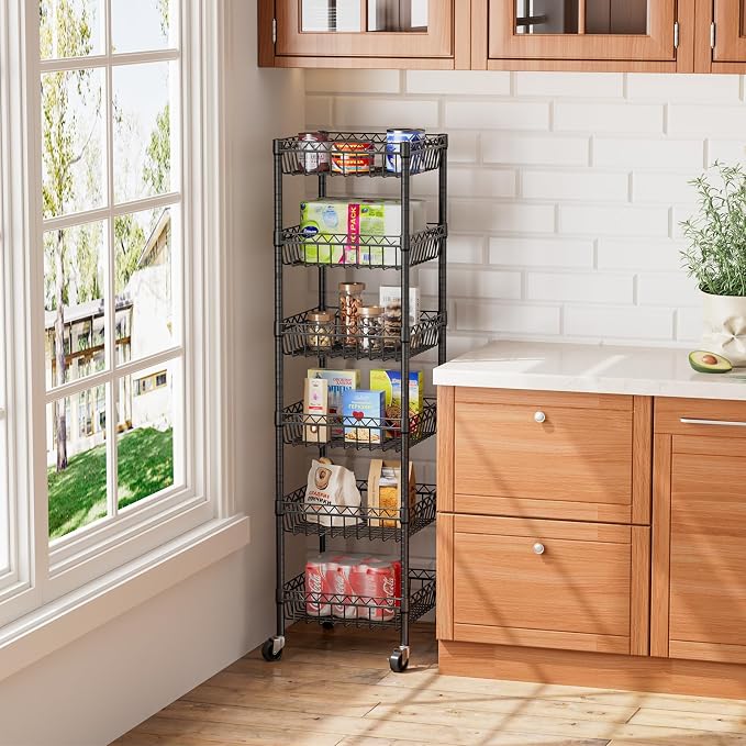 Golpart Basket Shelves Closet Rack with Wheels Metal Pantry Wire Shelf Unit | 6 tier Storage Rolling Shelving Bathroom Organizers Kitchen Garage Laundry Room Organization Home 13.6"Dx13.6"Wx63"H Black