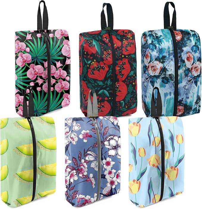 BeeGreen Shoe Bags 6 Pack Flower Design for Travel with Handle as Packing Organizers for Suitcase and Luggage | Portable Nylon Storage Accessories for Vacations, Essential Gifts for Women and Men