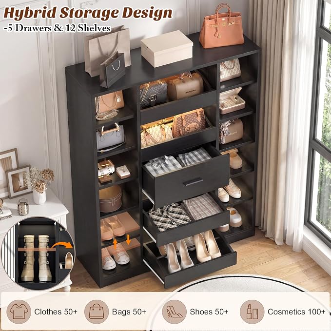 Besiost 40" Closet System with LED Lights, Wooden Closet Organizer with Drawers & Shelves, Versatile Closet Storage Tower for Walk-in Closets, Shoe Rack and Handbag Storage Cabinet, Black