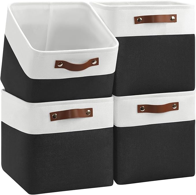 Patvingot Fabric Storage Cubes 11", 4 Pack, with PU Pull Handles,Foldable | For accessories on cube shelves or in closets; reinforced opening, pull-out access, folds flat when empty,white and black