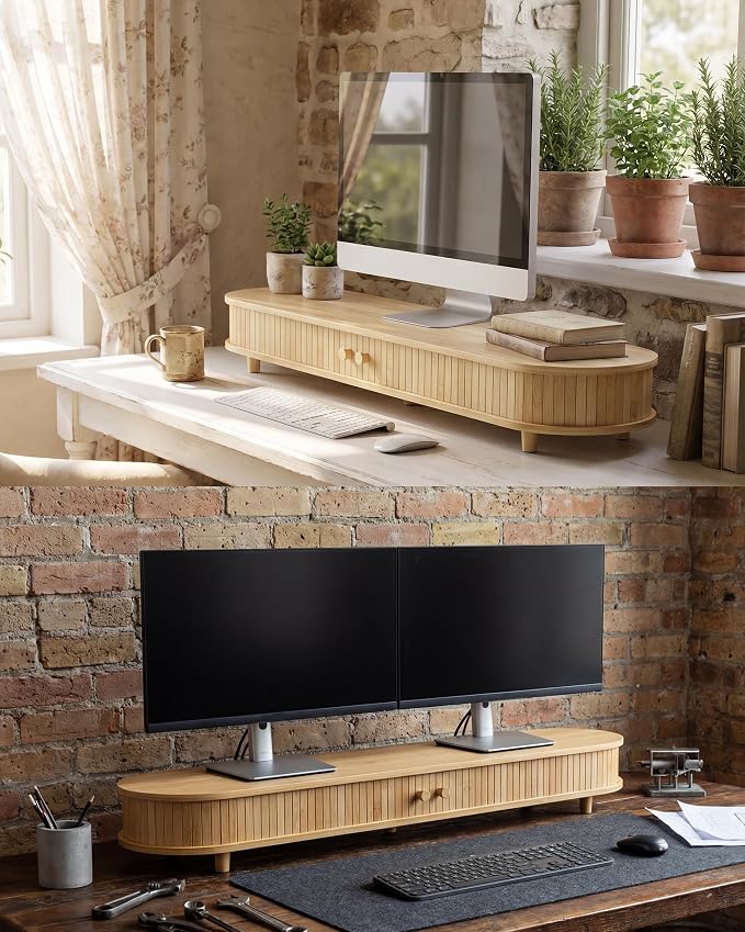 Bamboo Dual Monitor Stand with Storage, Curved Double Computer Laptop Stand Desk Shelf Organizer with Sliding Doors (42 inch)