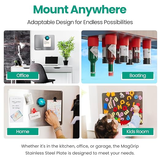 9 inches x 6.5 inches Stainless Steel Plate for Magnets, 3M Adhesive Back, Mounting Screws, Ideal for Magnetic Shelf, Spice Holders, Fridge Magnets. Mount Anywhere! (Silver, 1 Pack)