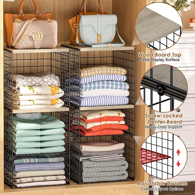 2 Pack Closet Organizer System, Extra Tall & Large Capacity Closet Shelves with Adjustable Dividers, 3-Tier Stackable Storage Bins with Wood Top (Up to 6 Tiers), for Clothes Wardrobe Organization