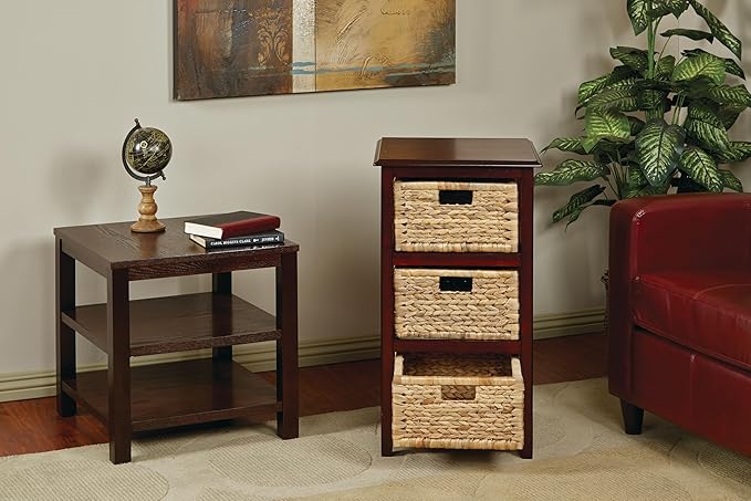 OSP Home Furnishings Seabrook Storage Tower with Solid Wood Frame and Natural Baskets, 3-Drawer, Espresso Finish
