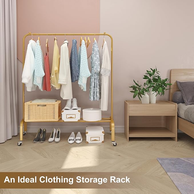 JIUYOTREE Metal Clothing Rack with Wheels 43.3 Inches Rolling Clothes Garment Coat Rack with Bottom Shelf Clothing Rack for Hanging Clothes Coats Skirts Shirts Sweaters Gold