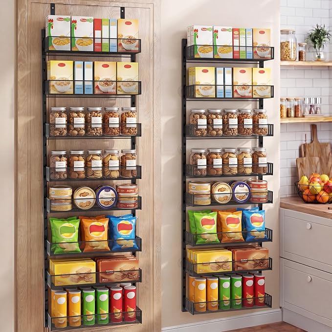 Over the Door Pantry Organizer, 2-in-1 Wall Mount or Hanging Spice Rack, 8-Tier Pantry Door Storage Shelf with Adjustable Baskets, Anti-Swing Design for Kitchen, Bathroom, Laundry Room