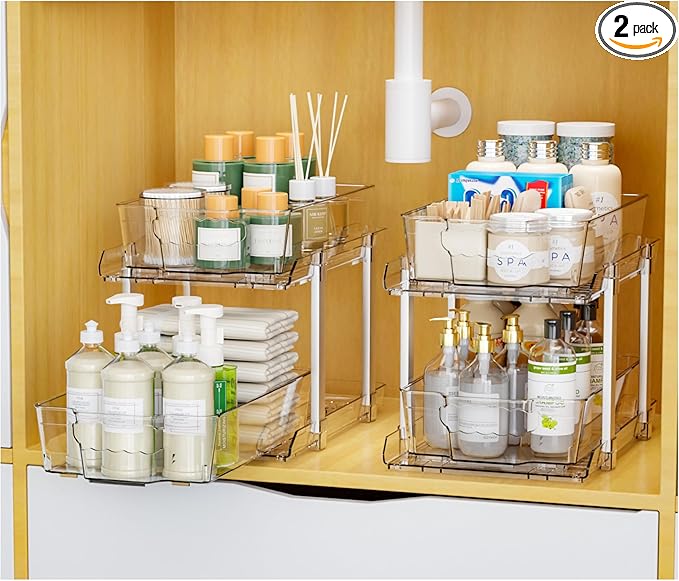 Yieach 2 Pack 2 Tier Under The Sink Organizer With Track,9.8 Inch Tall Bathroom Cabinet Organizer,Clear Under Sink Pull Out organizer for Kitchen,Vanity,Counter,Vanity,Medicine,Makeup,Hair Products