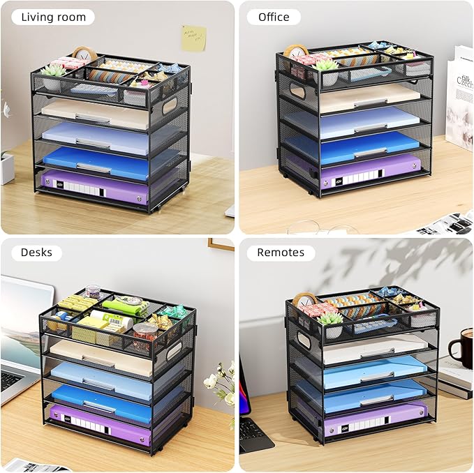 Marbrasse 5-Tier Letter Tray Paper Organizer with Handle, Multi-Functional Mesh File Organizer for Desk, Adjustable Compartments Mesh Desktop Storage for Office Supplies,Black