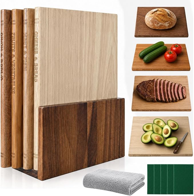 4 Pcs Book Cutting Board Set with Storage Holder, Book Shaped Wooden Chopping Boards for Meat Vegetables Fruits Cheese Bread, Decorative Kitchen Counter Organizer and Serving Board Set