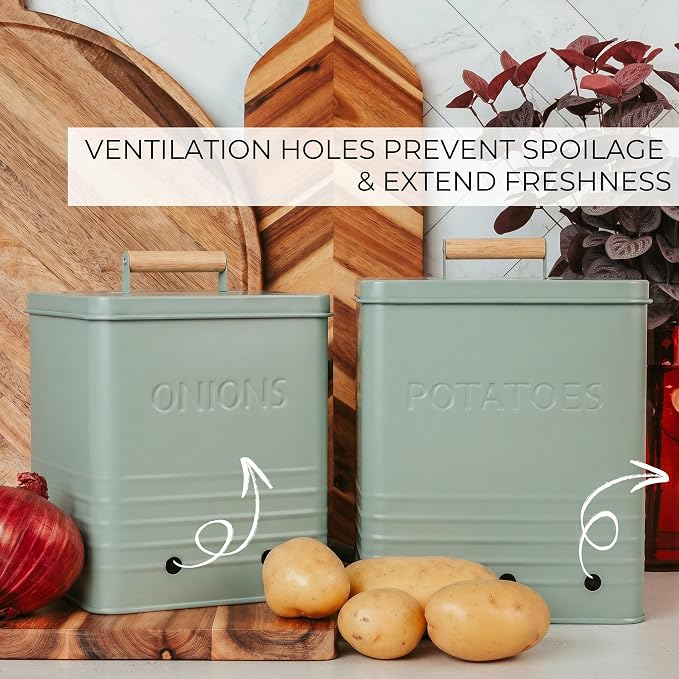 ZICOTO Beautiful Potato and Onion Storage Container Set, 10.1" & 8.9" - Perfectly Sized Spacious Canisters For Your Kitchen Counter Or Pantry - Food Safe Metal Bins Keep Produce Fresh Longer