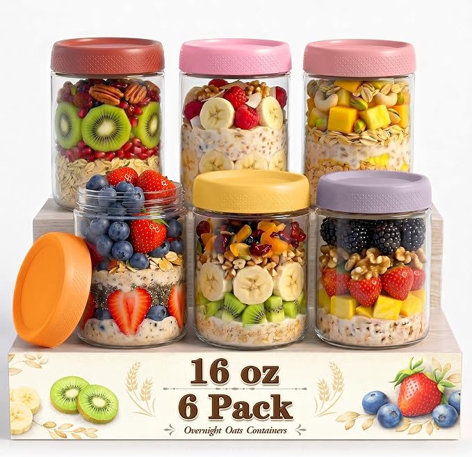 Overnight Oats Containers with Lid, Overnight Oats Jars, Glass Jar with Lid | 6 Pack Air Tight Overnight Oats Jars, Chia Pudding Glass Jars with Lids, Parfait Cups with Lids, Sugar Bowls for Yogurt