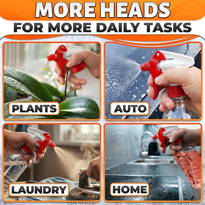 Spray Bottle Nozzle Replacement 12 Pack, Fits 8-32oz Bottles (Red) | Replacement Trigger Sprayer Heads for Bottles; Fits 28-400 Thread, Trim-to-Fit Tube; for Cleaning, Garden & Pet Carefor