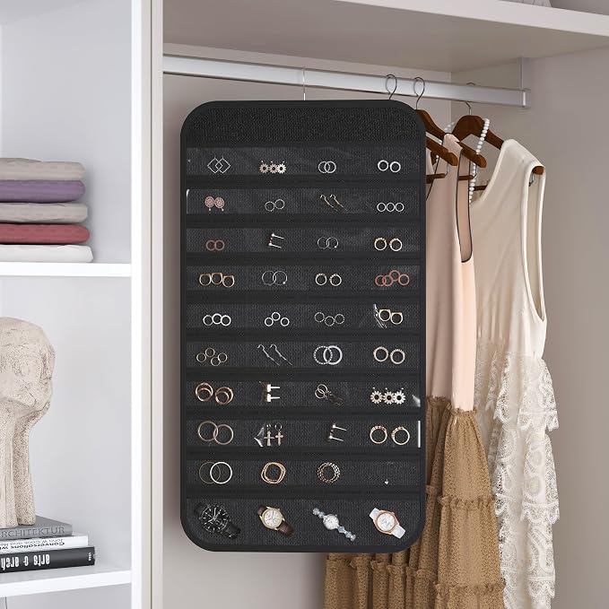 Hanging Jewelry Organizer 80-Pocket Double-Sided Storage, 1-Pack, Black | Foldable clear PVC 80-pocket storage; swivel hook fits walls, doors & rods to organize earrings, necklaces, bracelets & rings