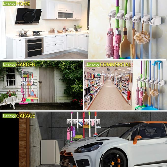 LETMY Broom Holder Wall Mount - Mop and Broom Hanger Holder - Garage Storage Rack & Garden Tool Organizer - 5 Position 6 Hooks Broom Rack for Home, kitchen, Garden, Tools, Garage Organization - White