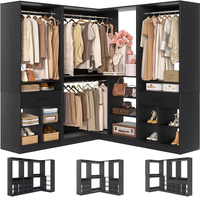 Unikito 86" Corner Closet System, Modular Closets Organizer with 4 Hanging Rods & Corner Tower, Freestanding L-Shaped Walk-In Wardrobe Organizer, Set of 3, Black