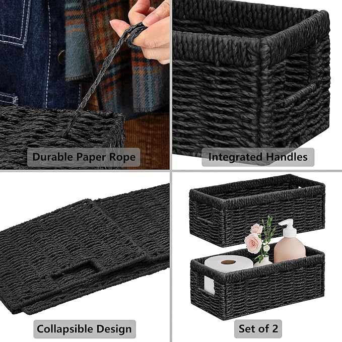 Vagusicc Wicker Storage Basket, Set of 2 Hand Woven Wicker Baskets for Organizing with Handles, Decorative Small Storage Bins for Countertop Toilet Paper Basket for Toilet Tank Top Shelves, Black