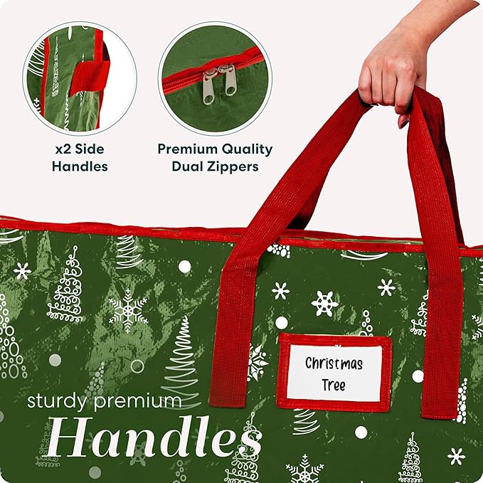Christmas Tree Storage Bag - Stores 7.5 Foot Artificial Xmas Holiday Tree, Durable Waterproof Material, Zippered Bag, Carry Handles - Protects Against Dust, Insects & Moisture (Green Printed)