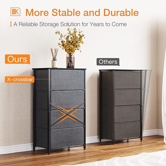 ODK Small Dresser for Bedroom with 4 Storage Drawers, Dark Grey | Dresser Chest of Fabric Drawers with Sturdy Steel Frame for Small Space, Wood Top