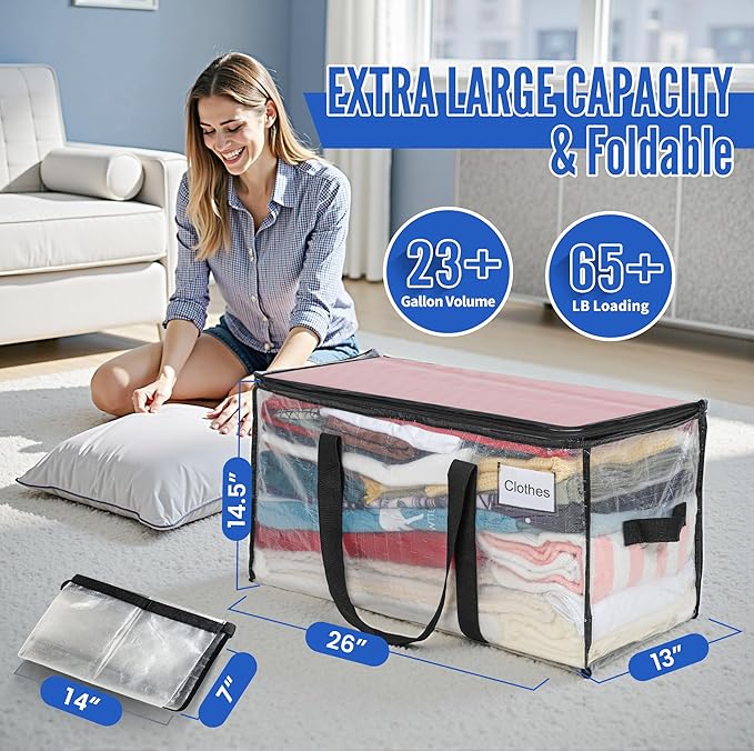 BAGAIL Heavy Duty Moving Bags with Strong Handle, Extra Large Moving Boxes, Storage Tote for Clothes, College Moving Supplies(Clear, 2 Pack)