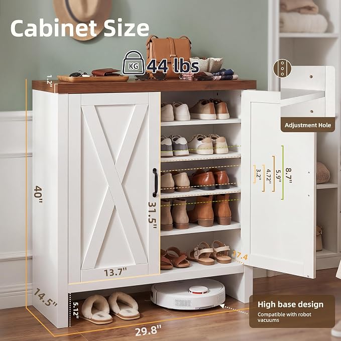 Shoe Cabinet, 5-Tier Shoe Storage Cabinets with Doors and Adjustable Shelves, Thickened Wood Freestanding for Entryway, Hallway, Closet, Organizer Rack, Walnut and White JSC005WWB