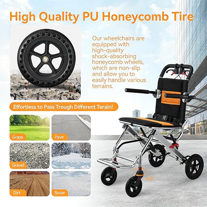 Ultra-Lightweight 19lbs Foldable Transport Wheelchair for Seniors - Portable Aluminum Travel Wheelchair with Carrying Bag, Supports 220lbs Capacity