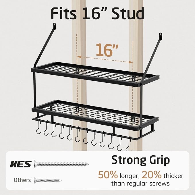 KES 30-Inch Kitchen Pot Rack - Mounted Hanging Rack for Kitchen Storage and Organization - Matte Black 2-Tier Wall Shelf with Guard Rail for Pots and Pans Organizer with 12 Hooks - KUR215S75B-BK