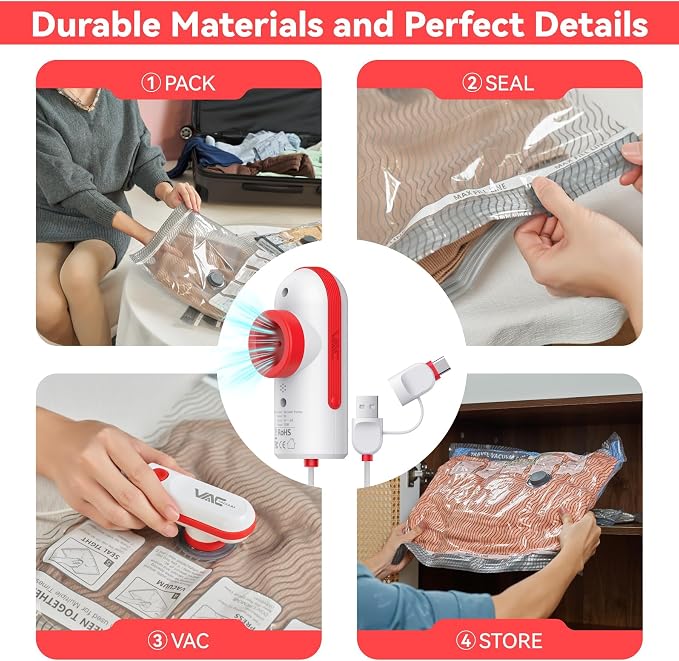Travel Vacuum Bags with USB & TYPE C Pump,9 Pack Carry-On Size Vacuum Storage Bags for Luggage and Suitcase,Vacuum Luggage Bags,Space Saver for Clothes and Clothing Travel(Red)