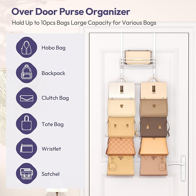 SWTYMIKI Over The Door Purse Organizer - Wall Mounted Handbag Organizer with 10 Hooks and Metal Basket, Hanging Purse Storage Rack Holds up to 10 Bags, Bag Rack Can Use As 1/2 Part, for Door, Closet