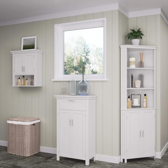 RiverRidge Somerset Two-Door Bathroom Wall Mount Medicine Cabinet, White | Open Display Shelf, Adjustable Interior Shelf, Two-Tone Handles, Space-Saving, Laundry Storage