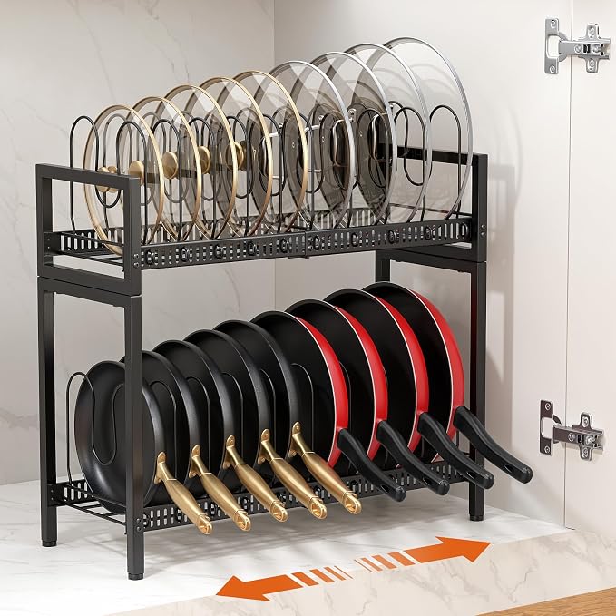 Housolution 2 Tier Expandable Pot and Pan Lid Organizer Holder Rack | 12"-20" Expandable, Adjustable Dividers, 2 DIY Methods for Flexible Storage