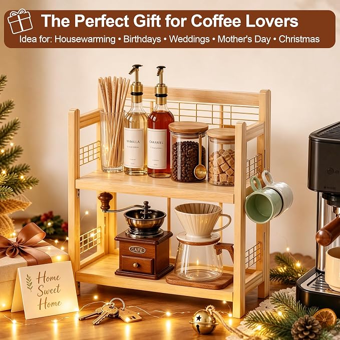 No-Assembly Coffee Bar Organizer, 2-Tier Coffee Station Shelf | Foldable Oak Wood Shelf, Coffee Station Accessories Storage for Syrup & Pod, 3 Hooks for Mugs, Kitchen Condiment Rack Natural