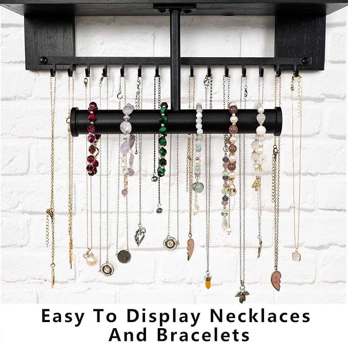 Pinzoveco Hanging Jewelry Organizer Wall Mounted With Wall Jewelry Organizer Holder For Necklaces Bracelet Earrings Ring (Black)