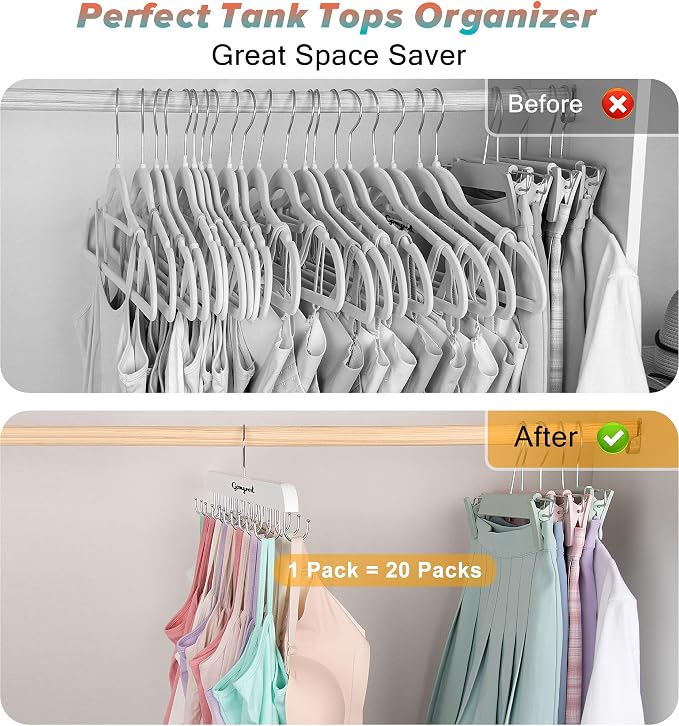 Gomyrod Tank Top Hanger, 2 Pack w/40 Hooks Bra Hanger for Closet Organizer | Premium Wood Space Saving Hanger, 360°Rotating Closet Organizers and Storage, Multi Hook Hanger for Dorm & Apartment, White