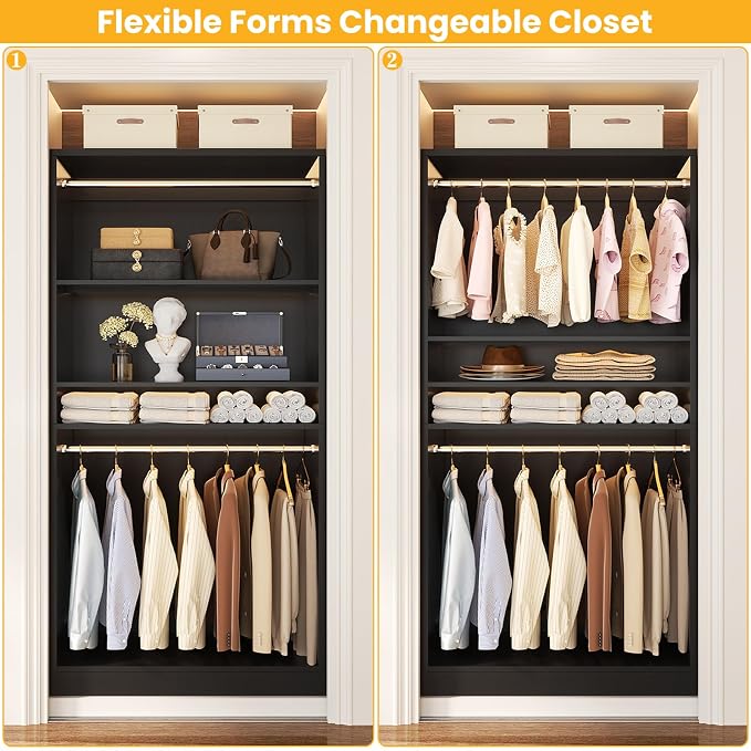 Unikito 72'' Closet System with 4 Hanging Rods, Walk-in Clothing Organizer, 2-Piece Wood Garment Rack for Bedroom, Black