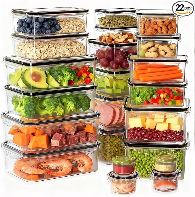 44-Piece Reusable Food Storage Containers with Lids Airtight, Leakproof Plastic Meal Prep Storage Food Grade Kitchen Organizer, Stackable Freezer Containers, Microwave & Dishwasher Safe