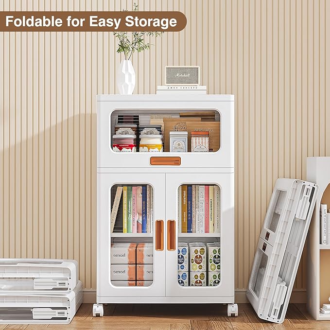 VECELO 2-Tier Stackable Storage Bins with Lids, Collapsible Bins with Drawer and Movable Wheels, Adjustable Shelves, Anti-Tip, for Bedroom, Living Room, Kitchen, White