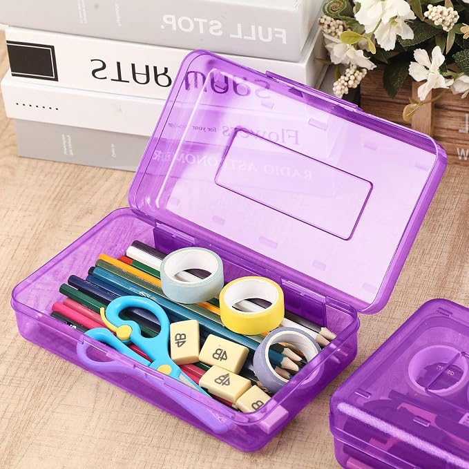 Blulu 6 Pack Large Plastic Pencil Case Box Clear Pencil Boxes Bulk Hard Crayon Box Storage with Snap Lids 8.1 x 4.7 x 2.2 Inch Painting Organizer Classroom Stationery School Supplies (Purple)