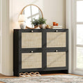 Nicetree Shoe Cabinet Storage for Entryway, 4-Flip Drawer Narrow Shoe Rack with Adjustable Shelves, Boho Modern Square Rattan Shoe Organizer, Slim Wood Storage Cabinets for Small Spaces Fits Size 13.5