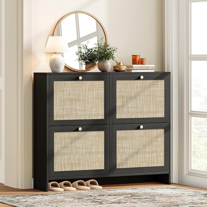 Nicetree Shoe Cabinet Storage for Entryway, 4-Flip Drawer Narrow Shoe Rack with Adjustable Shelves, Boho Modern Square Rattan Shoe Organizer, Slim Wood Storage Cabinets for Small Spaces Fits Size 13.5