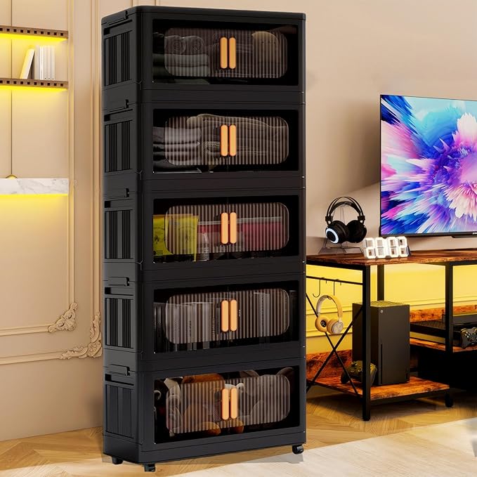 Foldable Storage Cabinet，Plastic Cabinet，Stackable Storage Bins， Open Front with Magnetic Door and Wheels (Extra Large-5Tiers)