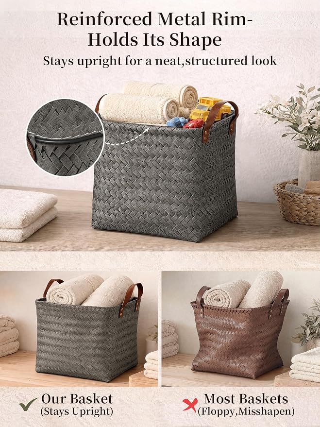 Hand Woven Baskets for Storage, 4Pcs Water-Resistant Wicker Baskets, Grey Wicker Storage Baskets for Shelves, Large Basket with Handle for Organizing, Clothes, Laundry, Blanket - Square